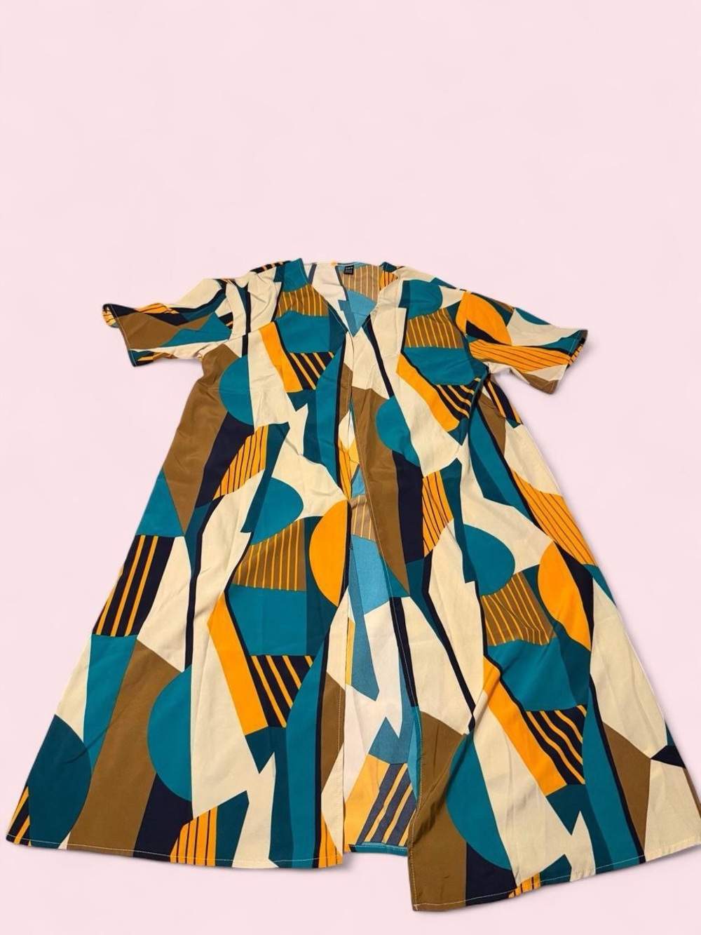 SHEIN Teal, Mustard & Cream Colorblock Geometric Cardigan